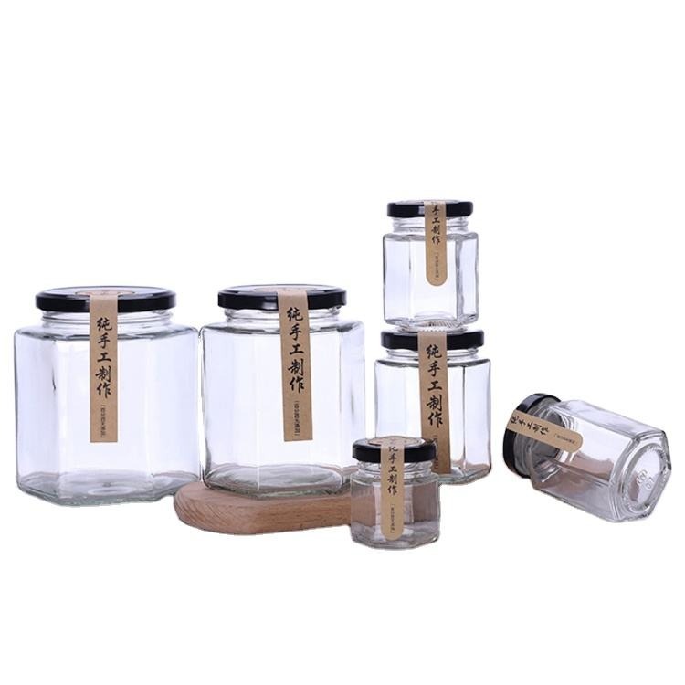 Wholesale 45ml -750ml Hexagonal Marple Jam Glass Honey Jars Glass Unique With Metal Lid with Dipper for Honey