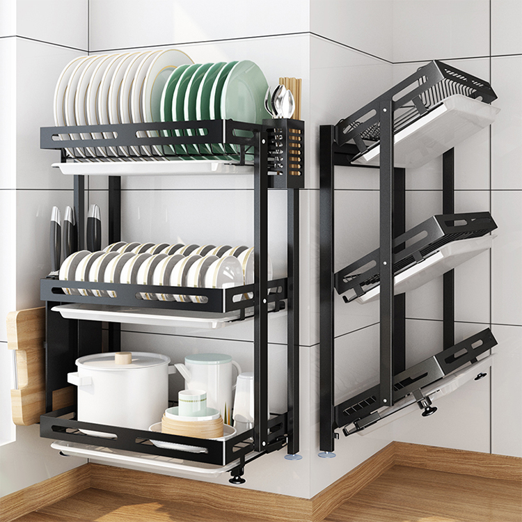 Wholesale New No Drilling 3 Tier Wall Hanging Tableware Drain Dry Kitchen Organizer Folding Free Installation Storage Dish Rack