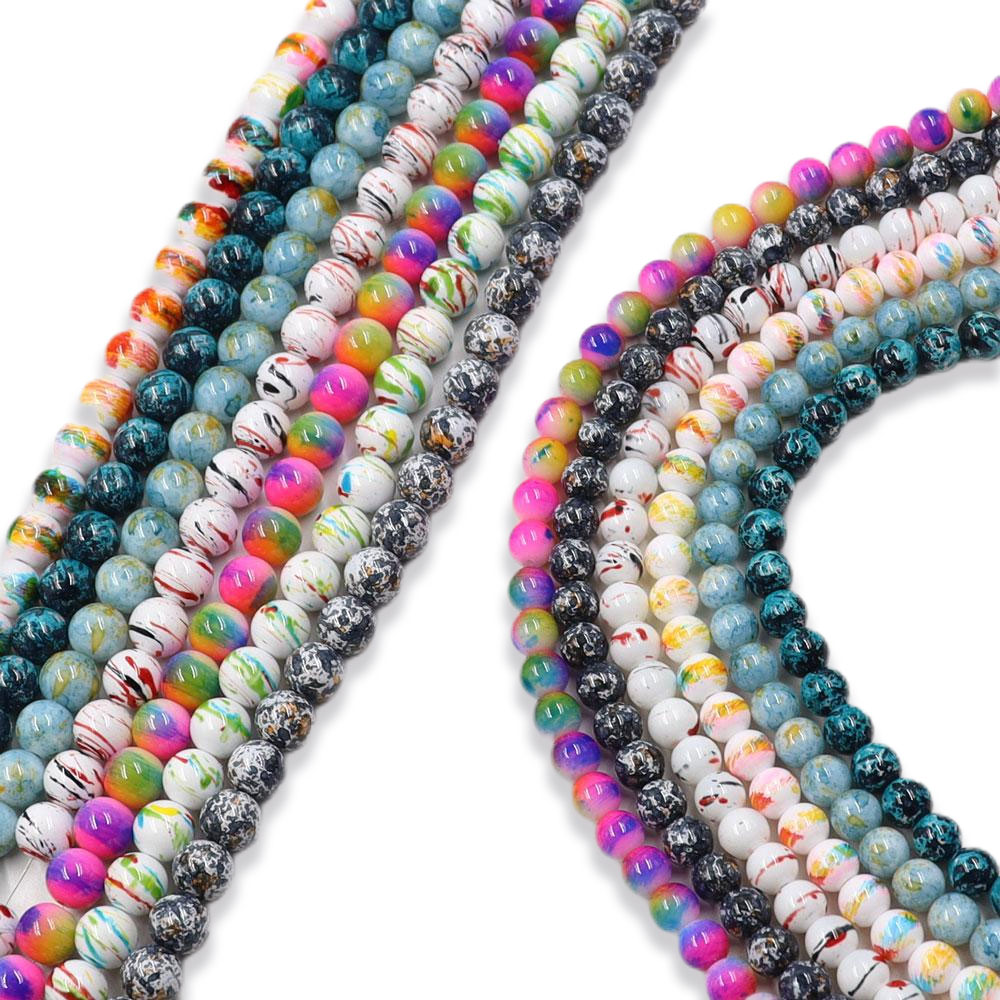 8mm 10mm Mixed round Glass Picture Beads for Jewelry Making 12 Colors Stock for Sale Plated Technique