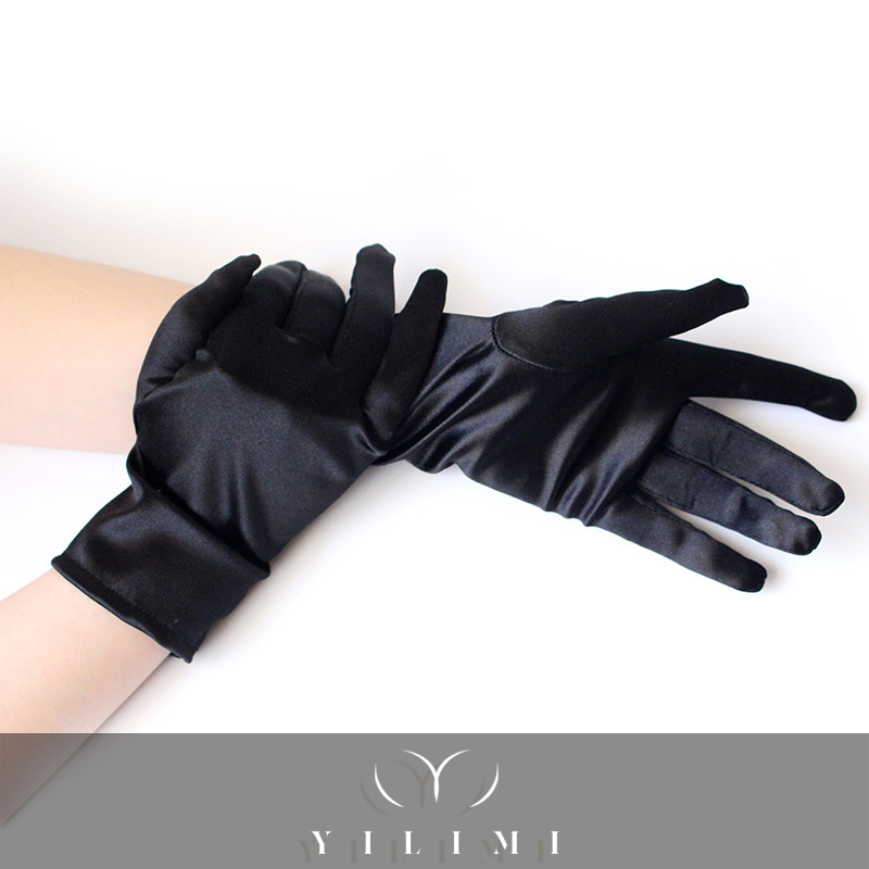YILIMI Christmas Party Wedding Bridal Accessories Black Stretch Satin Full Finger Short Gloves Women Driving Gloves