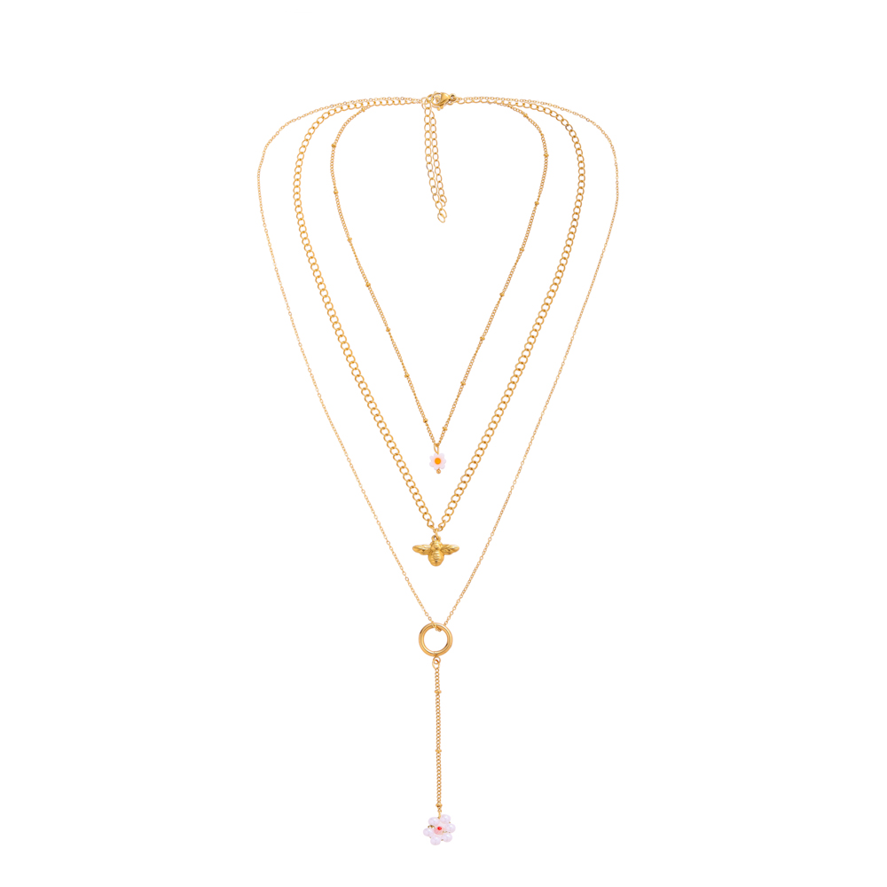 New Style Stainless Steel Gold Pendant Three Layers Bee And Flower And Pearl Ladies Multi-Layer Necklace