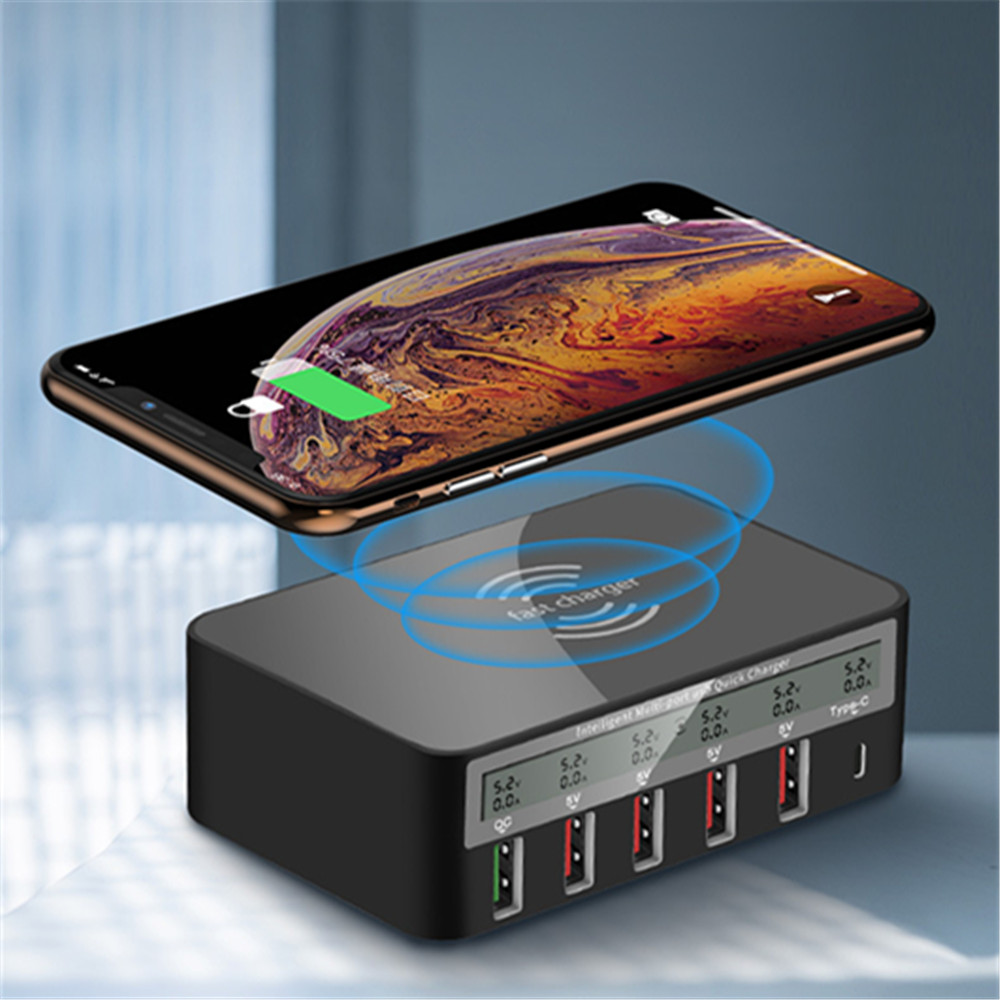Shemax 5-порт USB зарядная станция Беспроводное зарядное устройство, интеллектуальное зарядное устройство с ЖК-дисплеем и обнаружения, QC3.0 быстрое зарядное устройство адаптер питания
