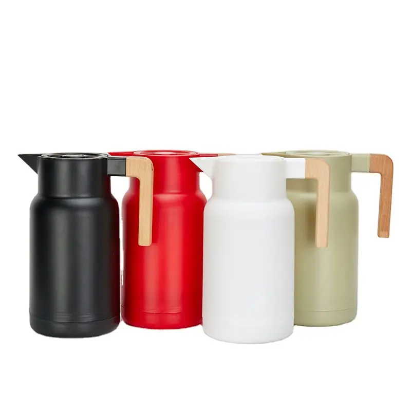 1L large capacity double wall vacuum glass plastic water bottle, home kitchen coffee water kettle pot with wooden style handle