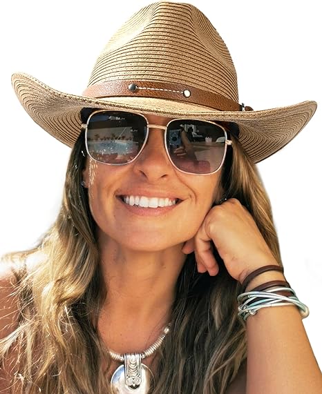 Straw Cowboy Sun Hats for Women Men Western Cowgirl Hats with Wind Lanyard UPF 50+ Beach Hat DOM107