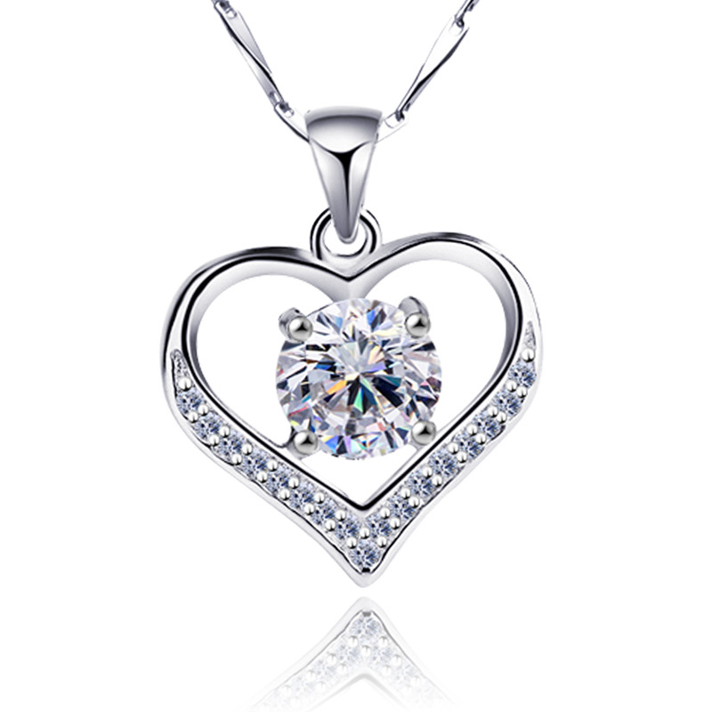 Exquisite Women Wholesale Jewelry 925 Sterling Silver Zircon Heart Pendant Necklace