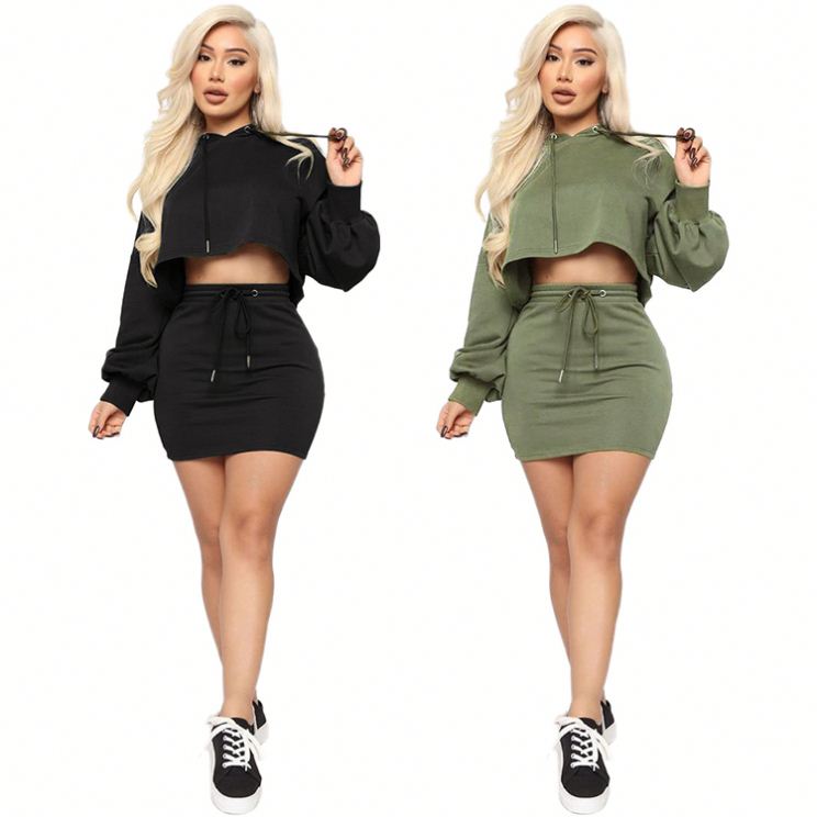 11436NA модные однотонные crop hoodie с капюшоном повседневное Женская одежда из двух частей Короткая юбка комплект