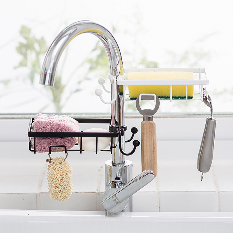 Faucet sponge holder kitchen sink or shower caddy basket with hook cleaning brush soap dishwashing liquid drain rack