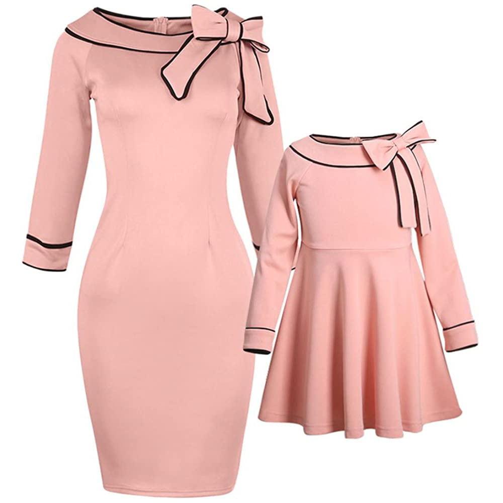 Ebay Amazon Hot Sale Spring Child Parent Skirt Long Sleeve Bow Frocks for Mom Girl Sweet Family Dress Outfits