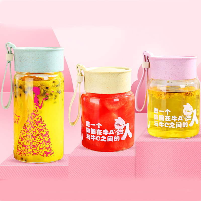 BPA бесплатная бутылка для воды для детей милый кролик стиль стеклянная бутылка для воды с крышкой из пшеничной соломы и силиконовой ручкой 400 мл