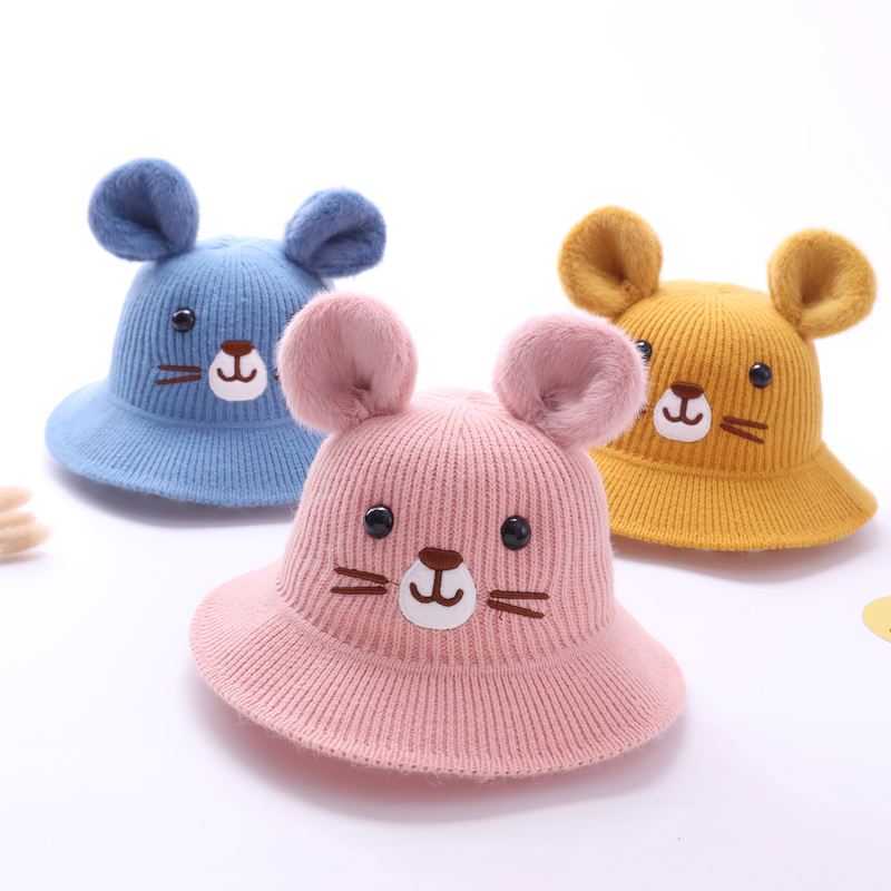 New winter warm and cute animal ear Thorn sunshade wide brim baby embroidered knitted fisherman hat