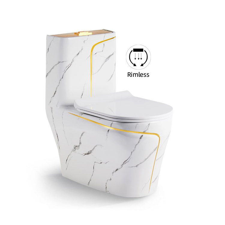 White marble and gold toilet commode bathroom sanitary ware rimless siphonic flush ceramic one piece toilet bowl marble toilet