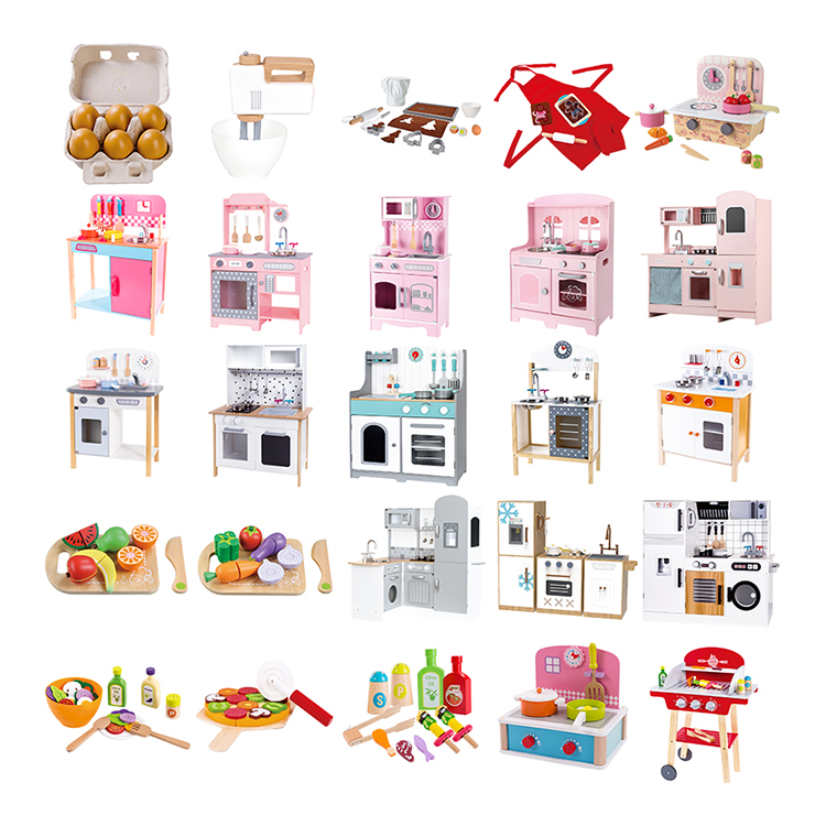 Hot sale pretend children kitchen role play toy custom color oem wooden kids play kitchen set with accessories