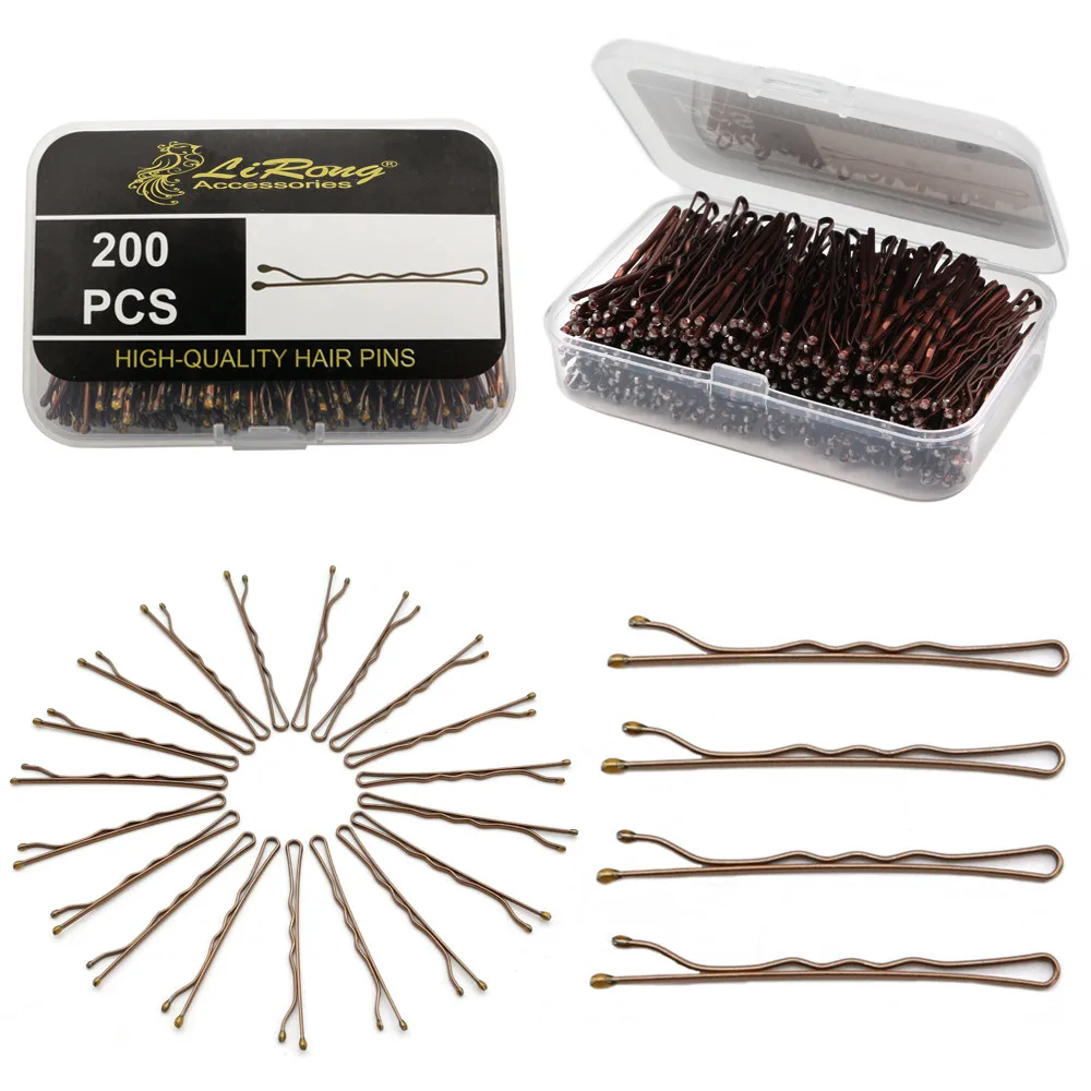 Lirong 200pcs Металл Бобби шпильки черные заколки ручки с коробкой для украшения волос (коричневый/коробка)