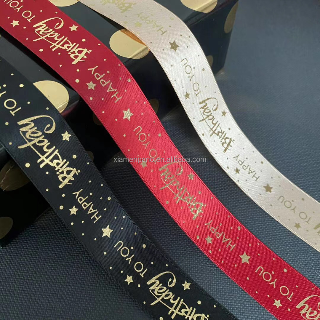high quality Custom logo band for birthday gift packing single side Satin Printed Ribbon