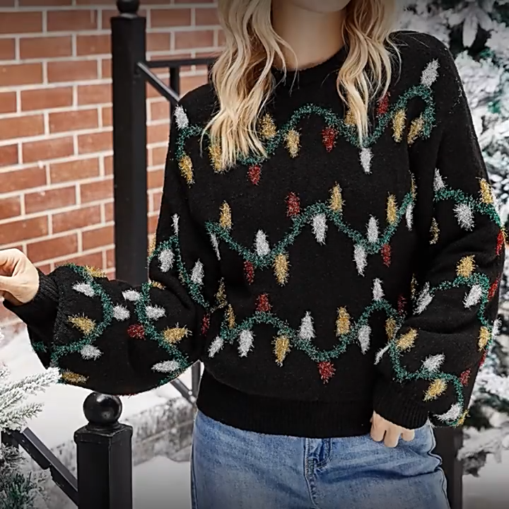 Fashion soft color lights knitted lantern jacquard sweaters loose ladies christmas pullover women sweater