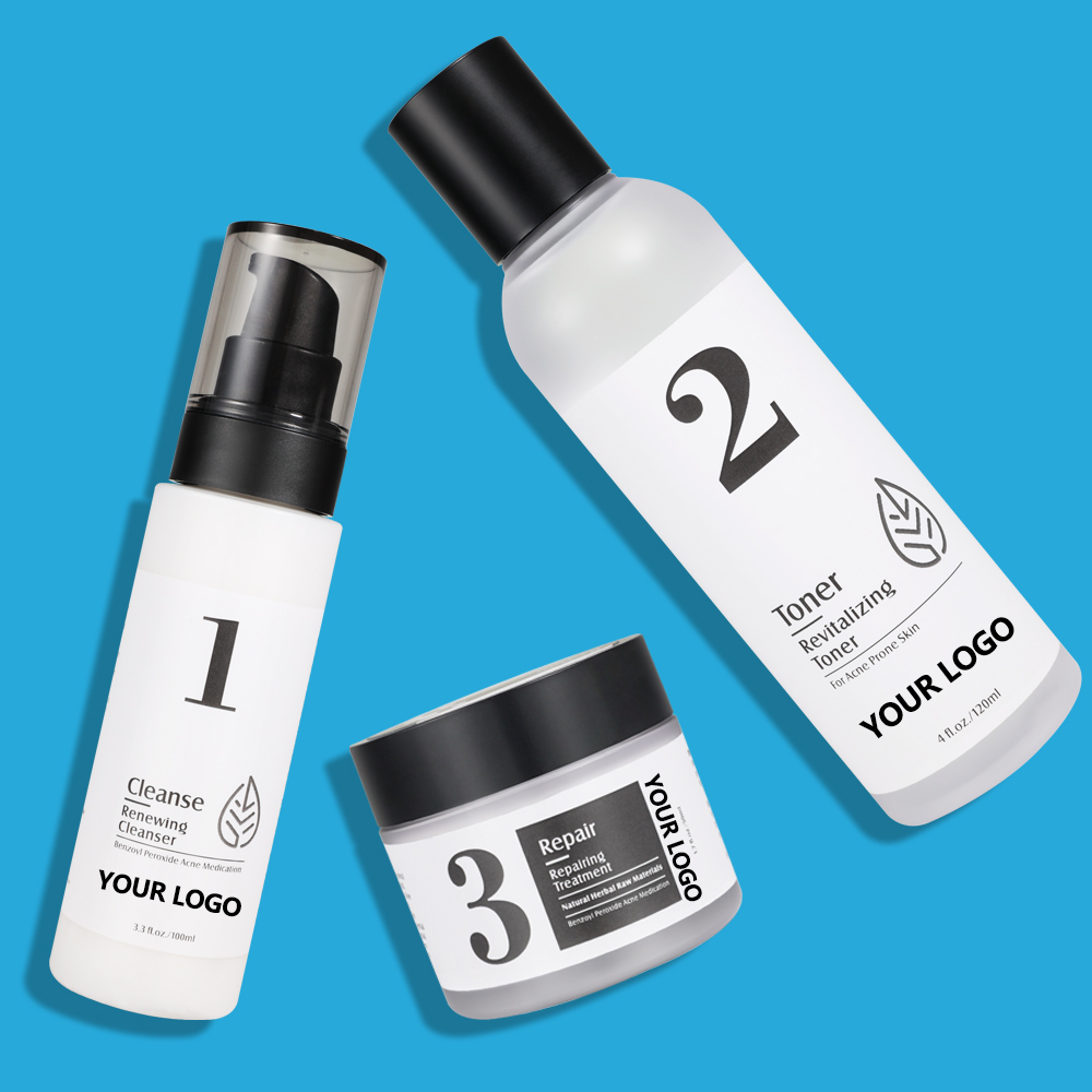 Private Label Natural Skincare Anti Acne Treatment Removal Face Wash Cleanser Serum Toner Cream Organic Vegan Skin Care Set