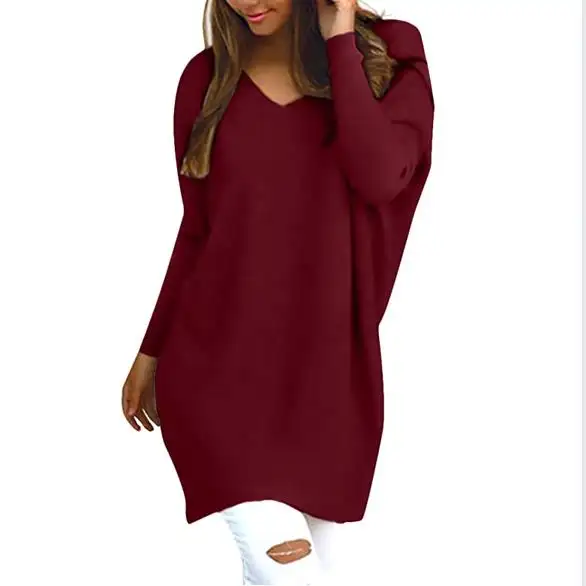 2021 Womens New Oversized Pullover knit V-Neck long sleeve sweater dress