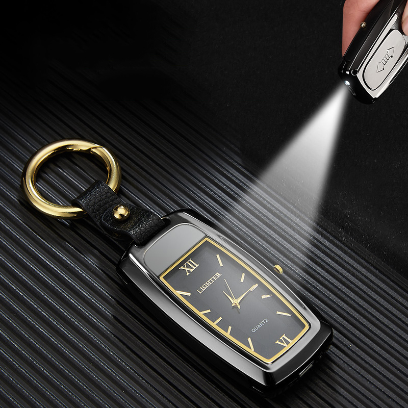 Оригинальная беспламенная многофункциональная ветрозащитная USB-зажигалка фонарик и часы Четыре в одном функциональный брелок
