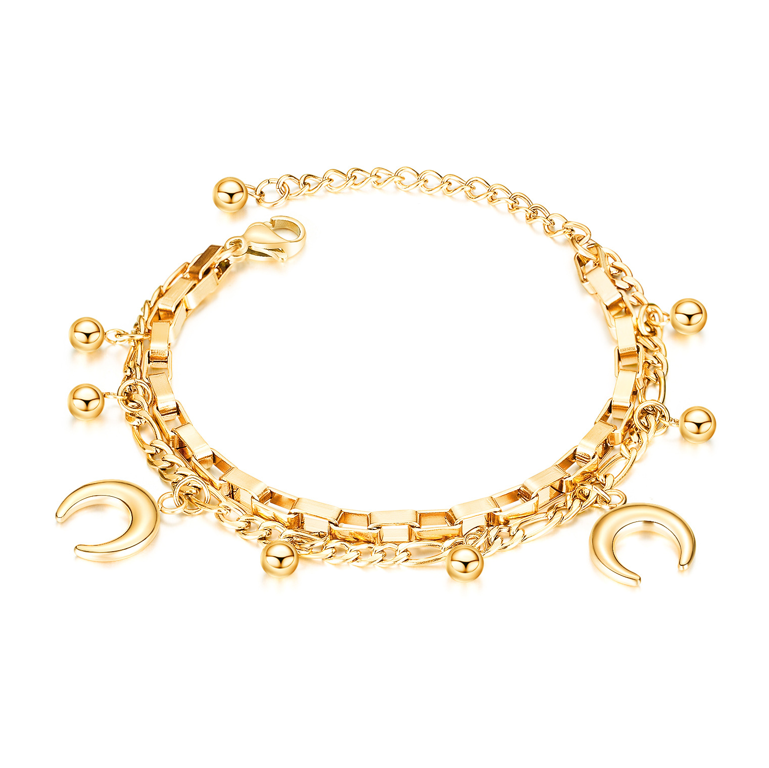 2021 Hot Sale Fashion Layered Moon Charms Luxury Jewelry Gold plated Ring Connected Adjustable Layering Chain Bracelet