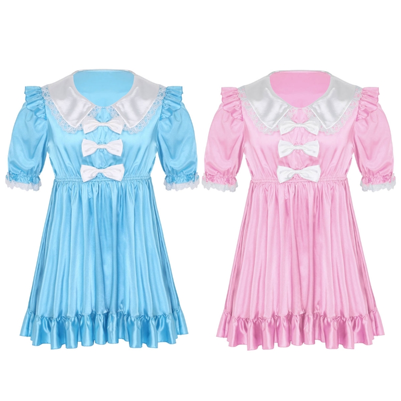 Cheap Sissy Satin Doll Collar Puff Sleeves Bowknots Adult Baby Cross Dresser Costume Sissy Maid Dress