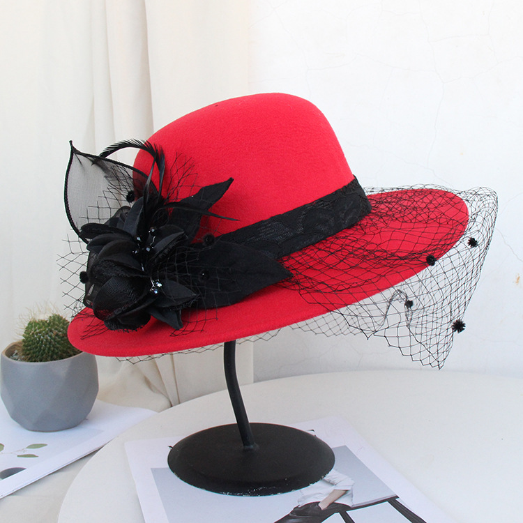 2021 autumn and winter new Hepburn big brim woolen hat British retro felt hat mesh flower banquet top hat