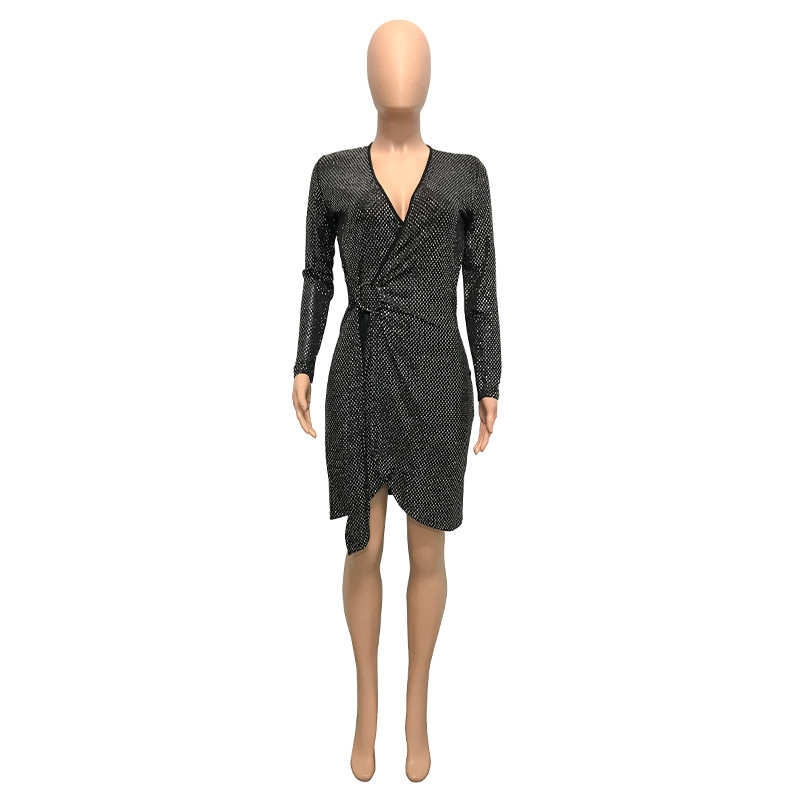 2021 new arrivals summer sexy nightclub beaded woman dress with irregular sequins and deep V-neck buttock wrap lady dresses