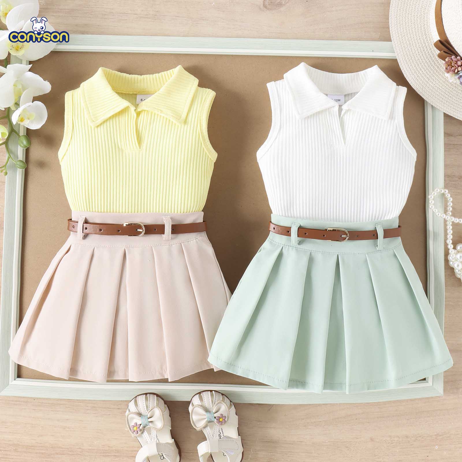 Conyson Clothes For Children Vest Pleated Skirt With Belt Suit Boutique 2piece Kids Girls Clothing Cotton Baby Clothes For Girls