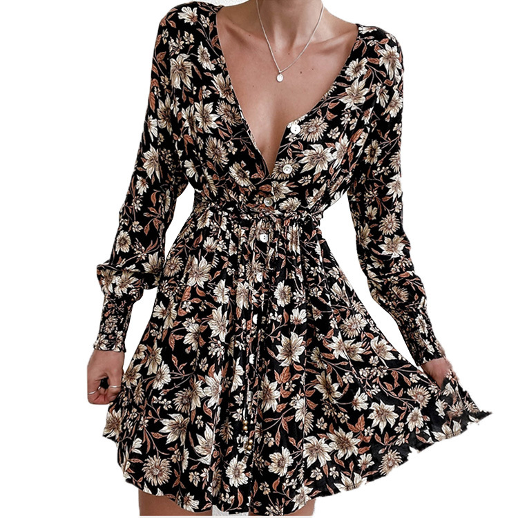 A new v-neck commuter dress is available for women's wear this fall floral skirt