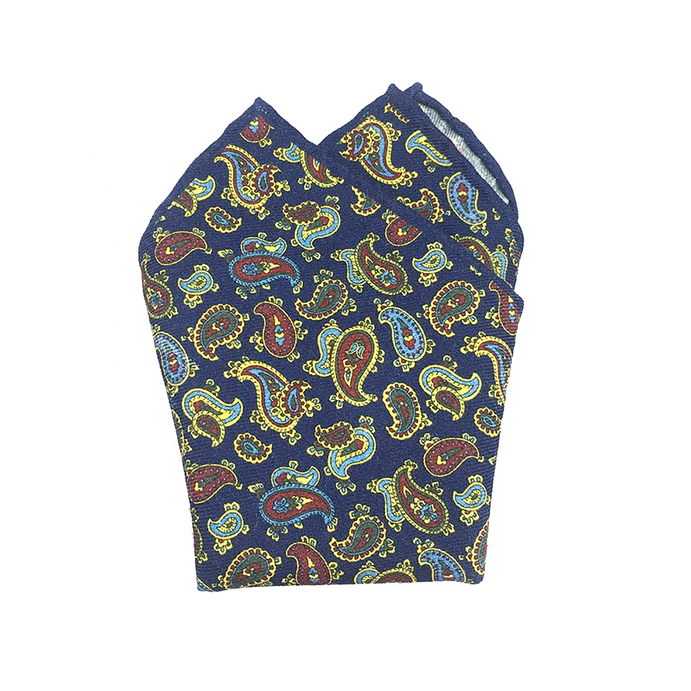 Factory Direct Handkerchief Hand Rolled Men Vintage Classic Paisley Custom Printed Individual 33CM Wool Pocket Square