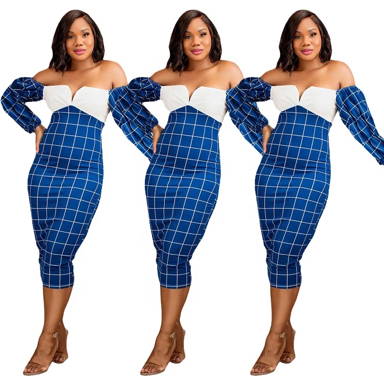 Spring New Style Women's Skirt Fashion Sweet Print Plaid Blue Length One Piece Plaid Dress