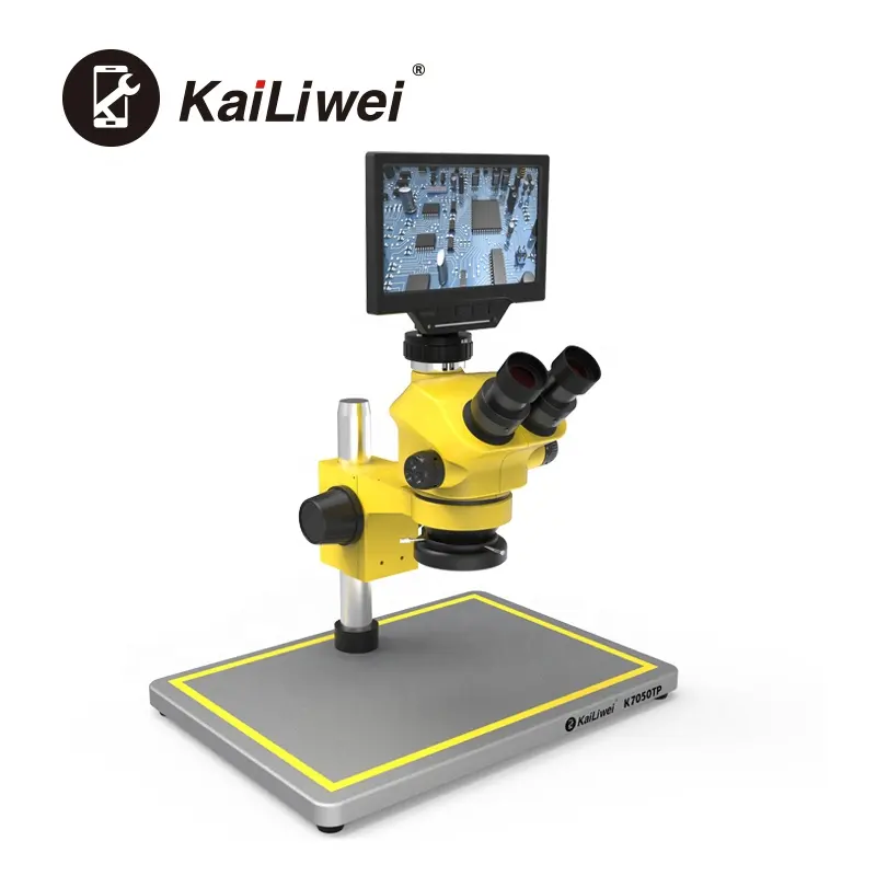 Kailiwei China supplier HD 7-50X trinocular microscope with 16MP camera 0.5xctv and 7 inch monitor for phone repair measurement