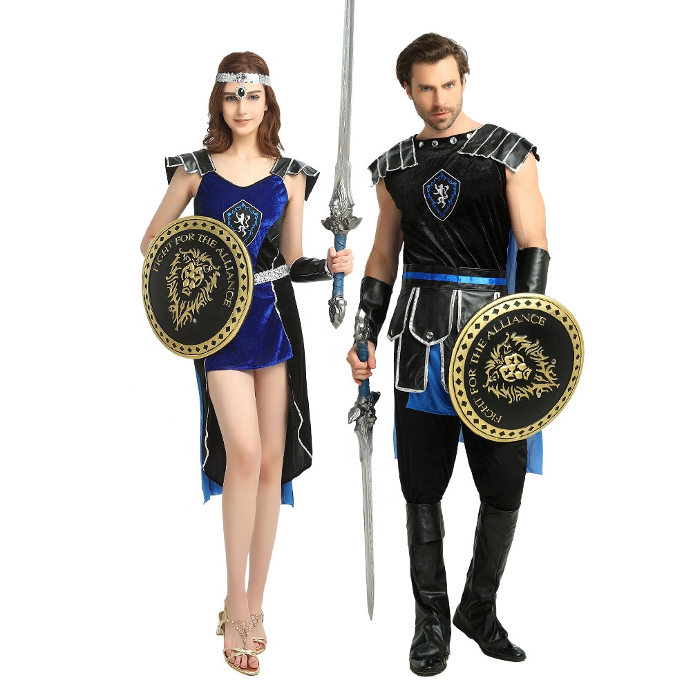 Amazon Carnival Halloween Cosplay Ancient Greece Roman Couple Black and Blue Spartan Warrior Costume
