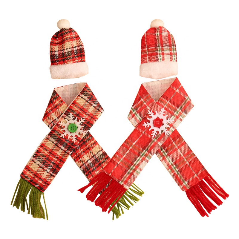 BSCI SJ0607 Hat and Scarf Set Merry Christmas Decor Wine Bottle cover Plaid Home Santa Claus