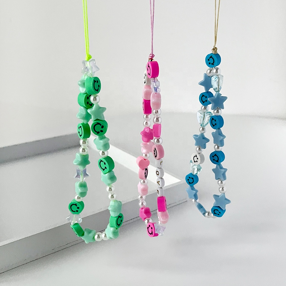 C0003 handmade colorful Smiley face bead phone straps chains 90s style cute plastic mobile phone chain accessory