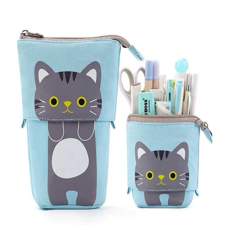 Sky blue cat stationery holder pouch zipper pencil bags Pop Up Pen Cases for boy