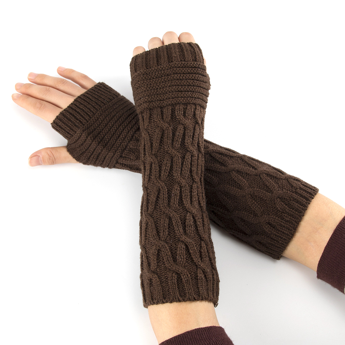 Christmas Accessories Gift Fashion Jacquard Elbow Winter Warmer Knitted Long Fingerless Arm Hand Gloves Mittens for Women
