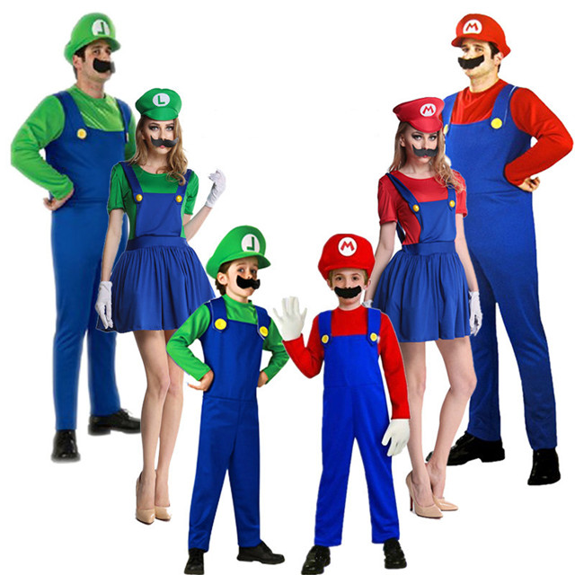 Game Luigi Super Mario Plumber Cosplay Costumes Men Women Boys Girls Jumpsuits+Dress+Hat+Moustache Party Masquerade Suit