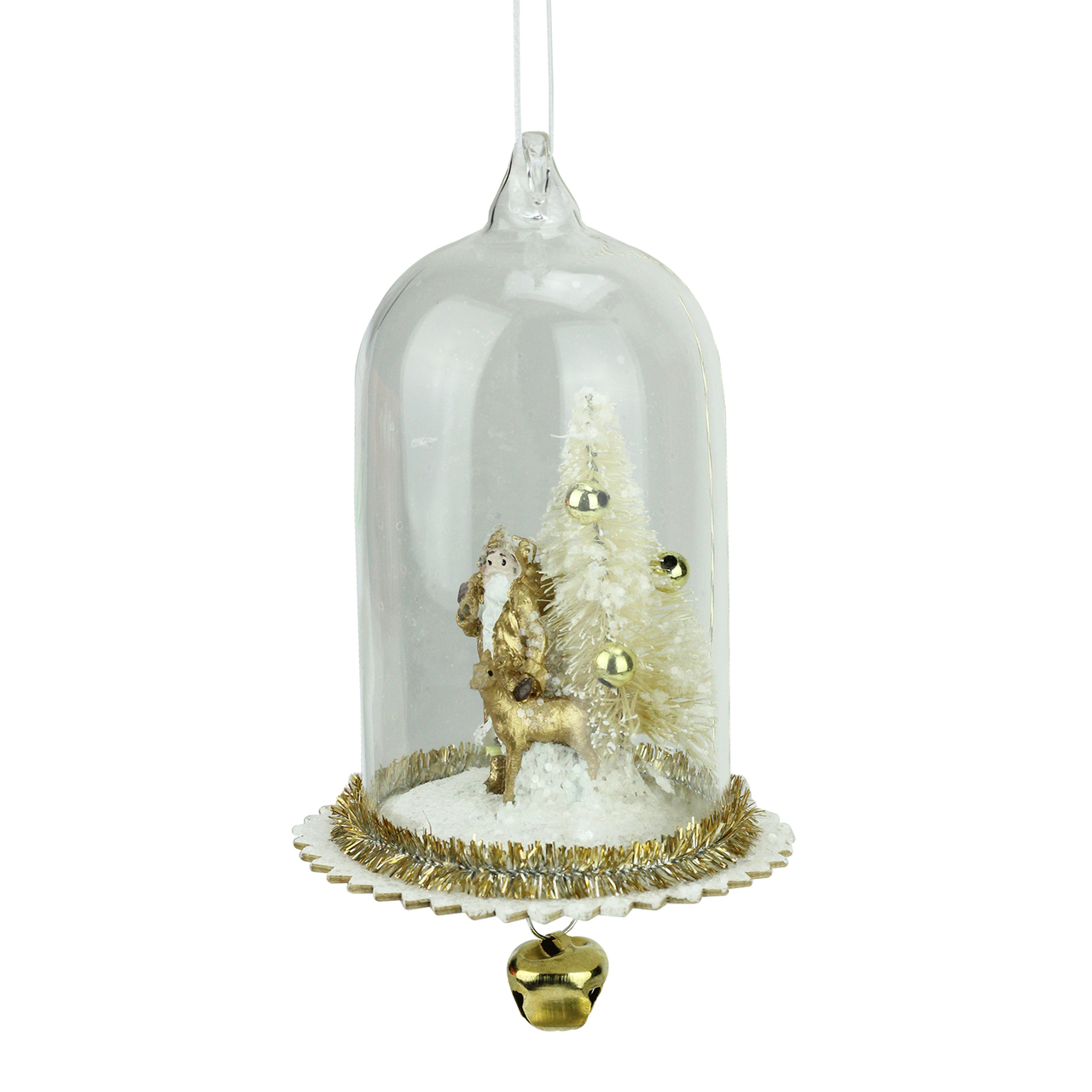 5.5" Gold Santa Reindeer and Tree in Glass Dome Christmas Ornament with Jingle Bell Dangle