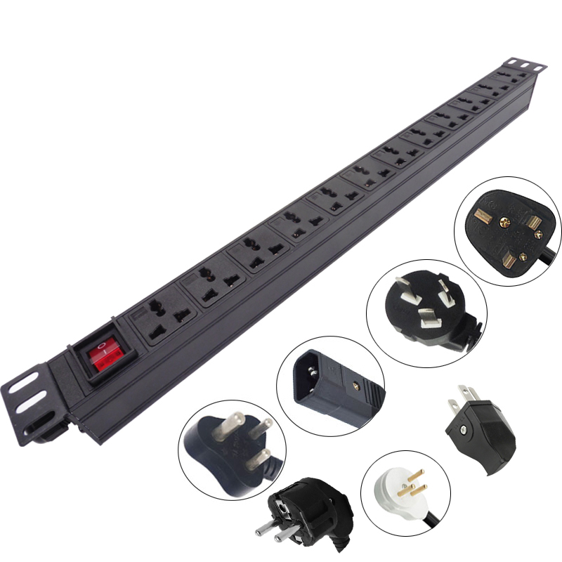 1U PDU сетевой шкаф стойка распределения питания Блок 2/4/6/8/14 Way 10A 13A 250V горизонтальный универсальный разъем вилка EU/UK/US