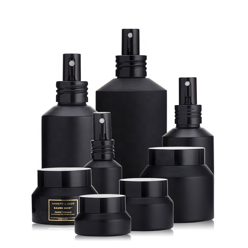 Matte Black Glass Cosmetic Pump Bottle for Lotion Serum, 60ml 120ml 200ml Skincare Empty Pump Glass Bottle