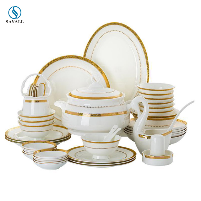 Роскошный Королевский фарфоровый сервиз Savall HoReCa OEM с золотой оправой, набор посуды, наборы фарфорового обеденного сервиза OEM, гостиничный Ресторан