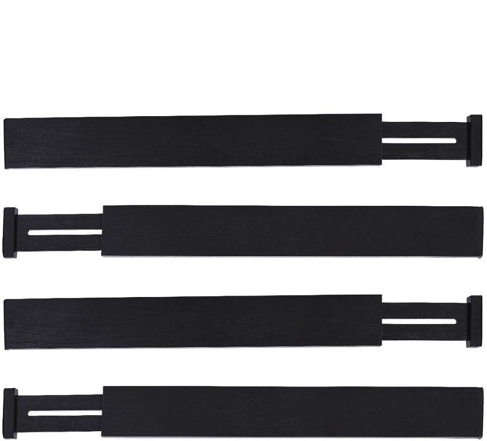 4 Pack Kitchen Black Drawer Organizers Spring Adjustable & Expendable Bamboo Drawer Dividers