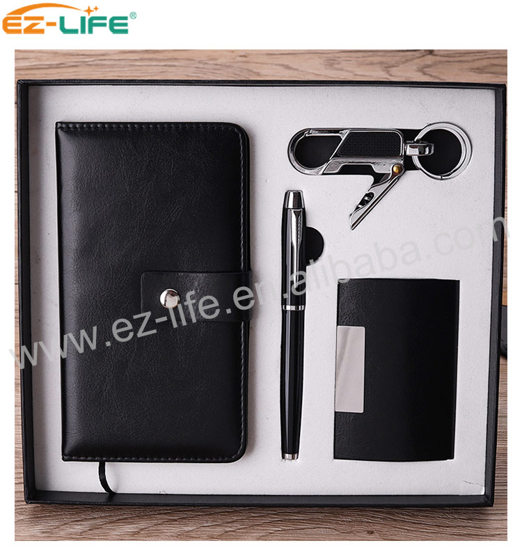 Wholesale luxury promotional business gifts Pen Promotion with Black Notebook Keychain Metal ballpoint pen and USB flash disk