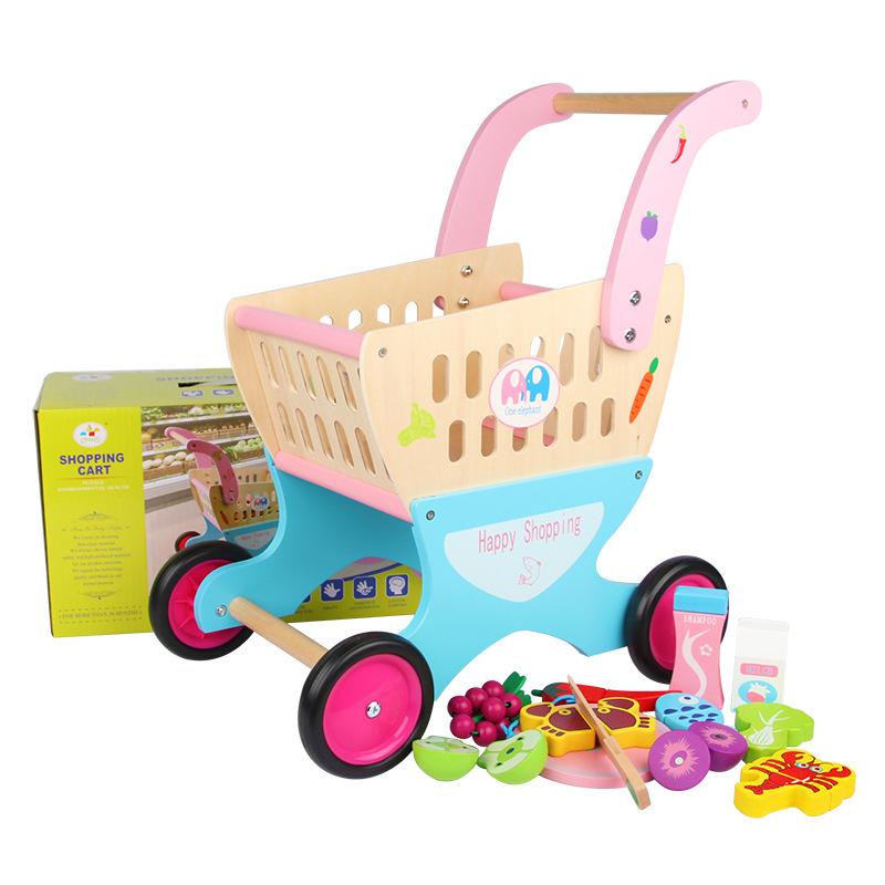 New arrival wood shopping cart toy baby kitchen toy wooden toddler stroller girl supermarket cart play house