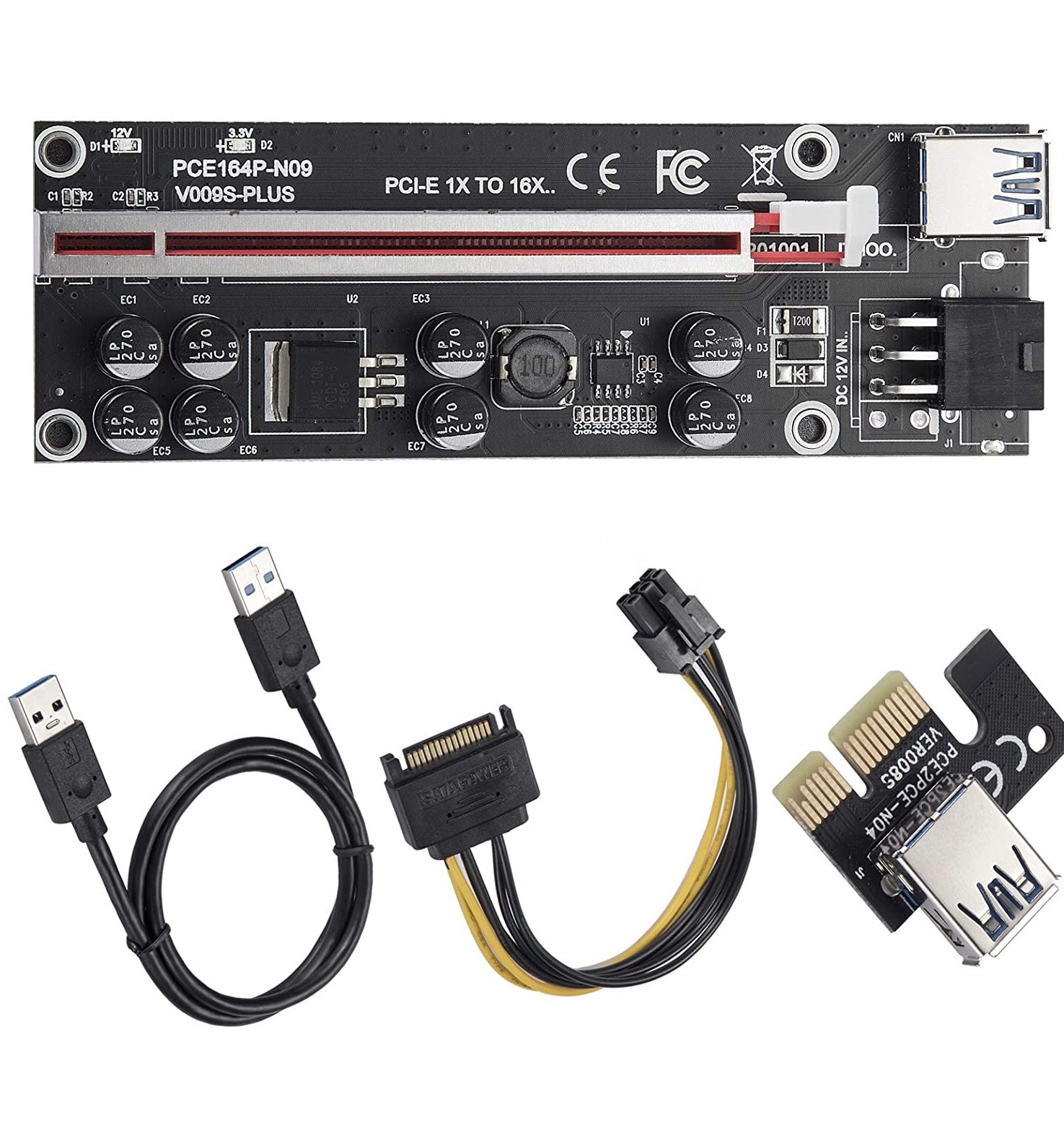2021 черный VER 009S Plus со светодиодными огнями, USB 3,0 1X для 16X 6 Pin PCIE Riser карты C-002