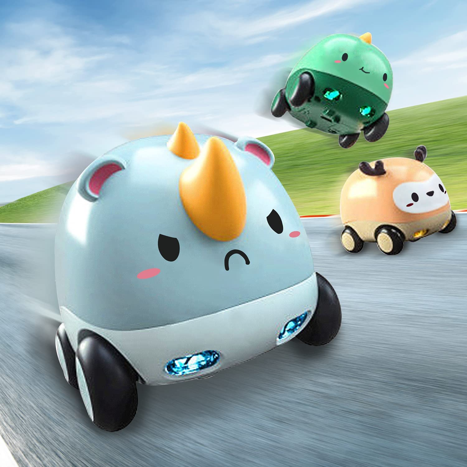 Cute Stone Baby Cartoon Animals Deer,Dinosaur,Rhinoceros Friction Powered Cars Push and Go Car Toys with Lights and Music