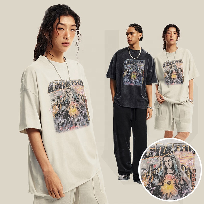 Crew round Neck vintage Washed printed graphic y2k unisex men's women heavyweight scattered rolled edge T-shirt oversize for men