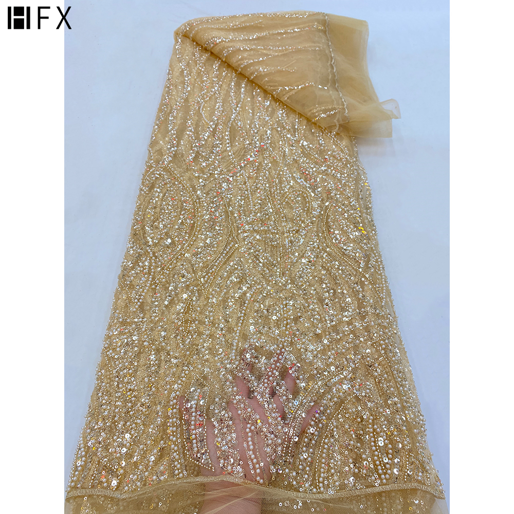 HFX White Beaded Tulle Lace Fabric Embroidery Nigerian African Lace Fabric 2021 High Quality Sewing Diy Dress Party Weddin