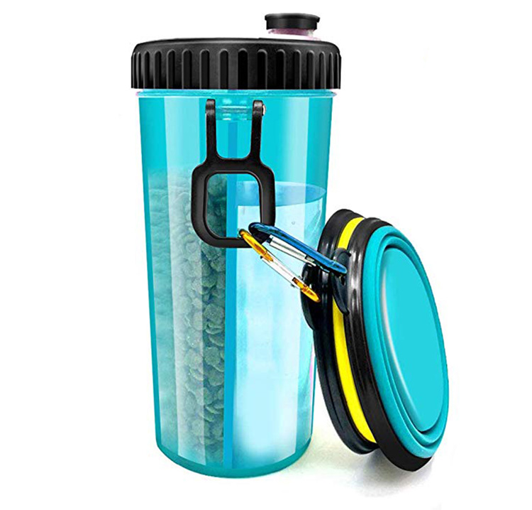 Custom design portable travel dispenser carrier dog feeder bowl outdoor travel feeder drinking 2 in 1 dog water bottle