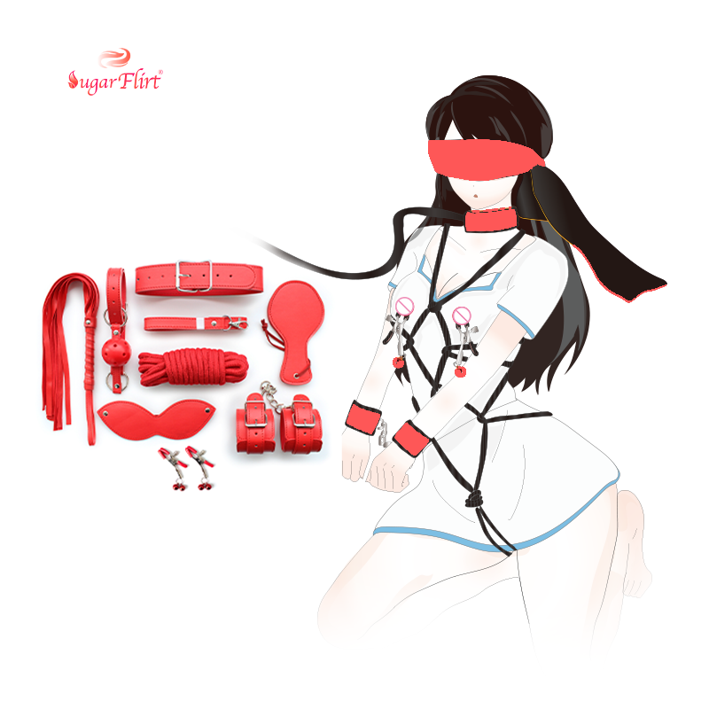 SUGARFLIRT Couple Sex Bondage Toys 8 Pcs/Set Red Leather Whip BDSM Temptation Bondage Set